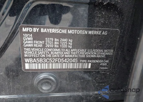 2015 BMW 535I xDrive из США, поврежденный, VIN WBA5B3C52FD542045